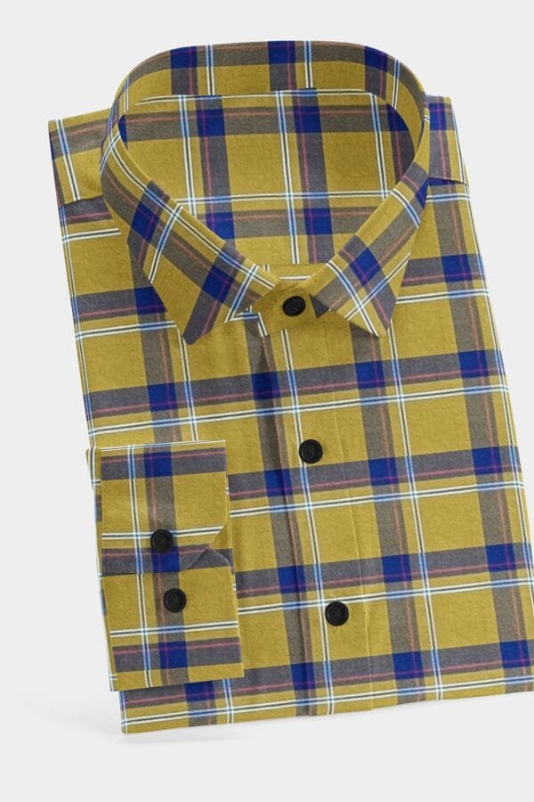 Yellow with Navy Blue Cotton Checkered Full Sleeves Shirt - Image 4