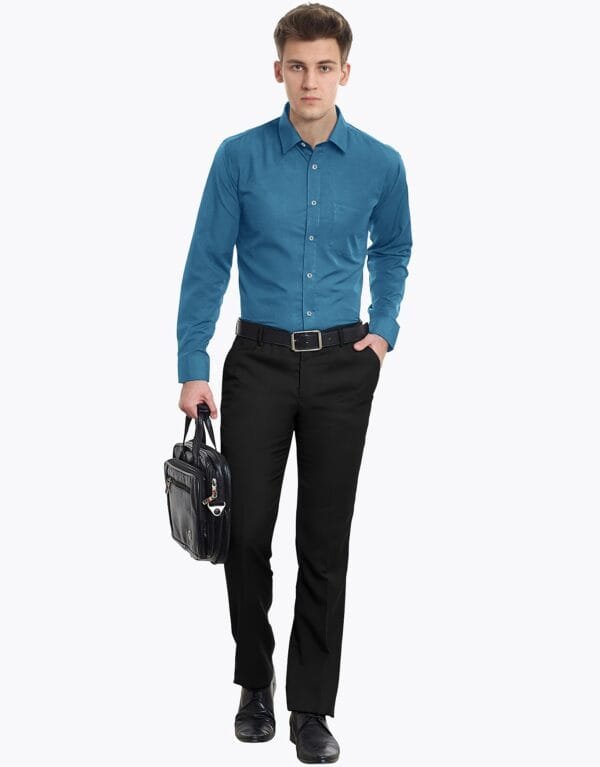 Peacock Blue Plain Cotton Full Sleeves Shirt - Image 3