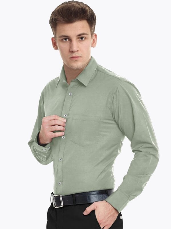 Green Plain Cotton Full Sleeves Shirt - Image 2