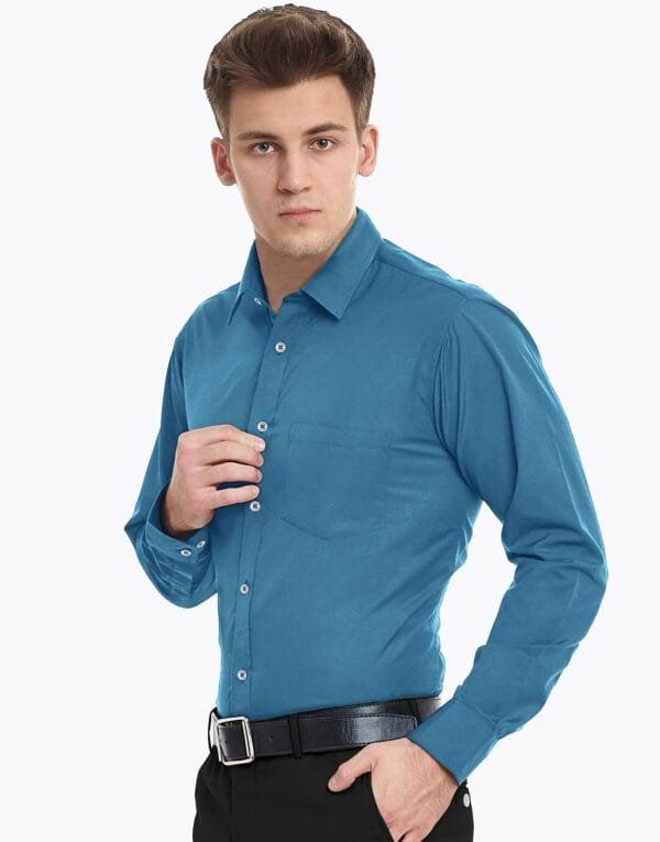 Peacock Blue Plain Cotton Full Sleeves Shirt - Image 2