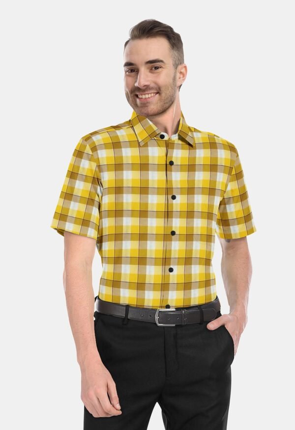 Yellow Cotton Checkered Half Sleeves Shirts