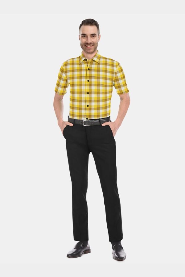 Yellow Cotton Checkered Half Sleeves Shirts - Image 3