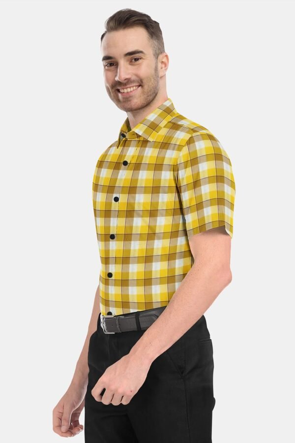 Yellow Cotton Checkered Half Sleeves Shirts - Image 2