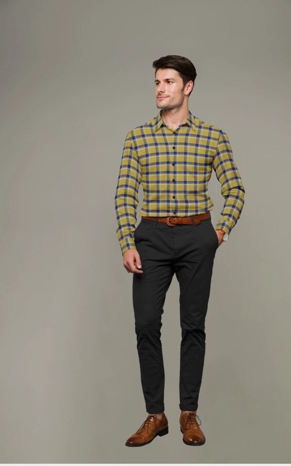 Yellow with Navy Blue Cotton Checkered Full Sleeves Shirt - Image 2