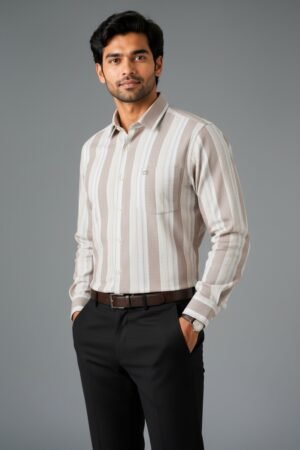 Beige & Off-White Striped Premium Cotton Shirt