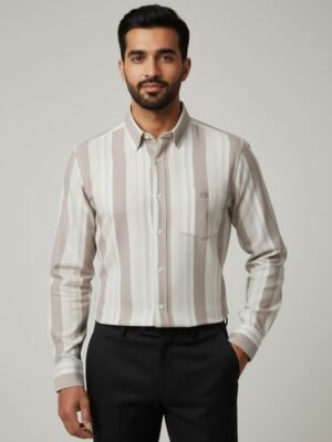 Beige & Off-White Striped Premium Cotton Shirt