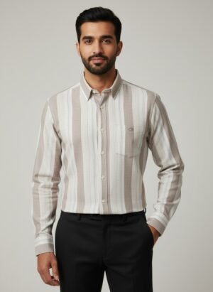 Beige & Off-White Striped Premium Cotton Shirt