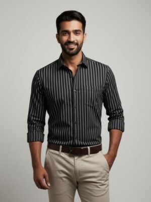 Black Premium Cotton Striped Shirt