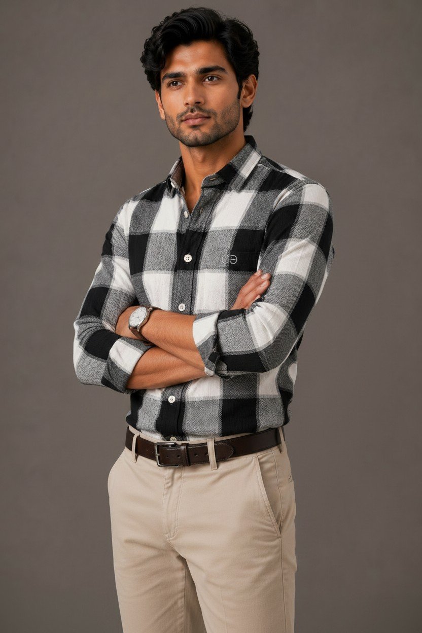 Black & White Checkered Premium Cotton Shirt - Image 2