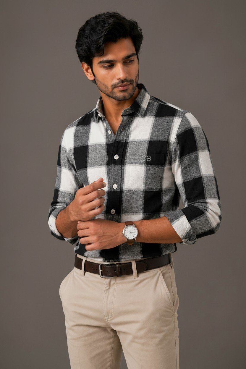 Black & White Checkered Premium Cotton Shirt - Image 3