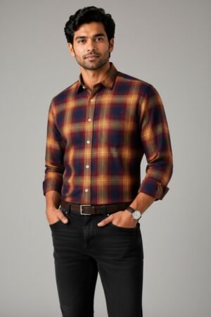 Burgundy, Navy & Mustard Checkered Premium Cotton Shirt
