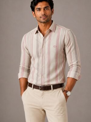 Cream & Pink Premium Cotton Striped Shirt
