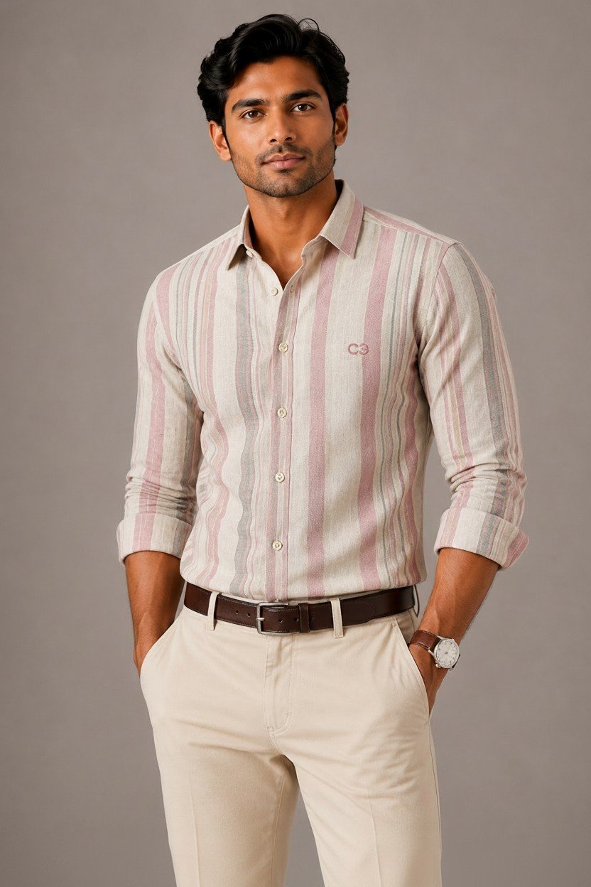 Cream & Pink Premium Cotton Striped Shirt
