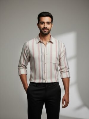 Cream & Pink Premium Cotton Striped Shirt