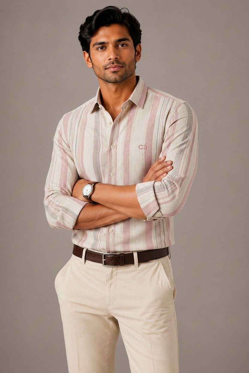 Cream & Pink Premium Cotton Striped Shirt - Image 2