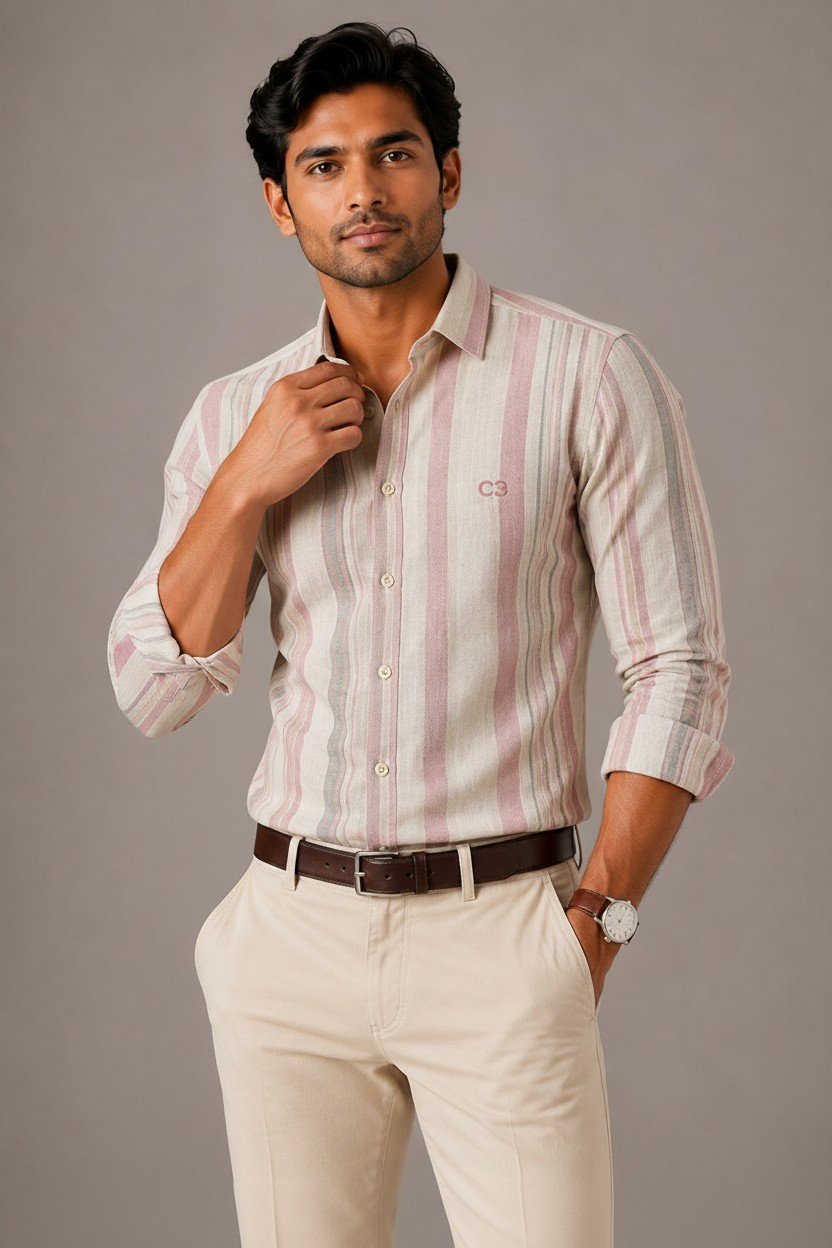 Cream & Pink Premium Cotton Striped Shirt - Image 3