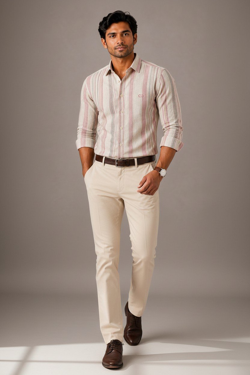 Cream & Pink Premium Cotton Striped Shirt - Image 4