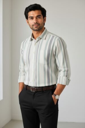 Green & Beige Striped Premium Cotton Shirt