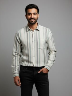 Green & Beige Striped Premium Cotton Shirt