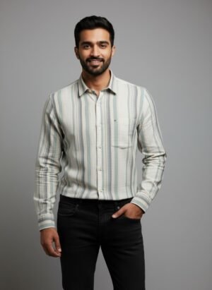 Green & Beige Striped Premium Cotton Shirt