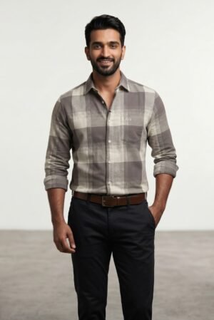Grey Premium Cotton Checkered Shirt