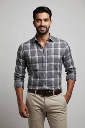 Grey Premium Linen Checkered Shirt