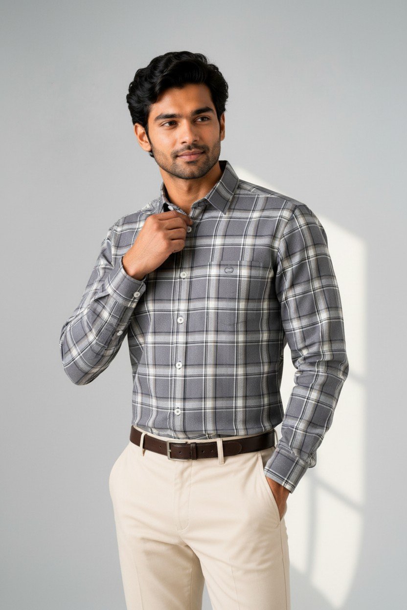 Grey Premium Linen Checkered Shirt - Image 2