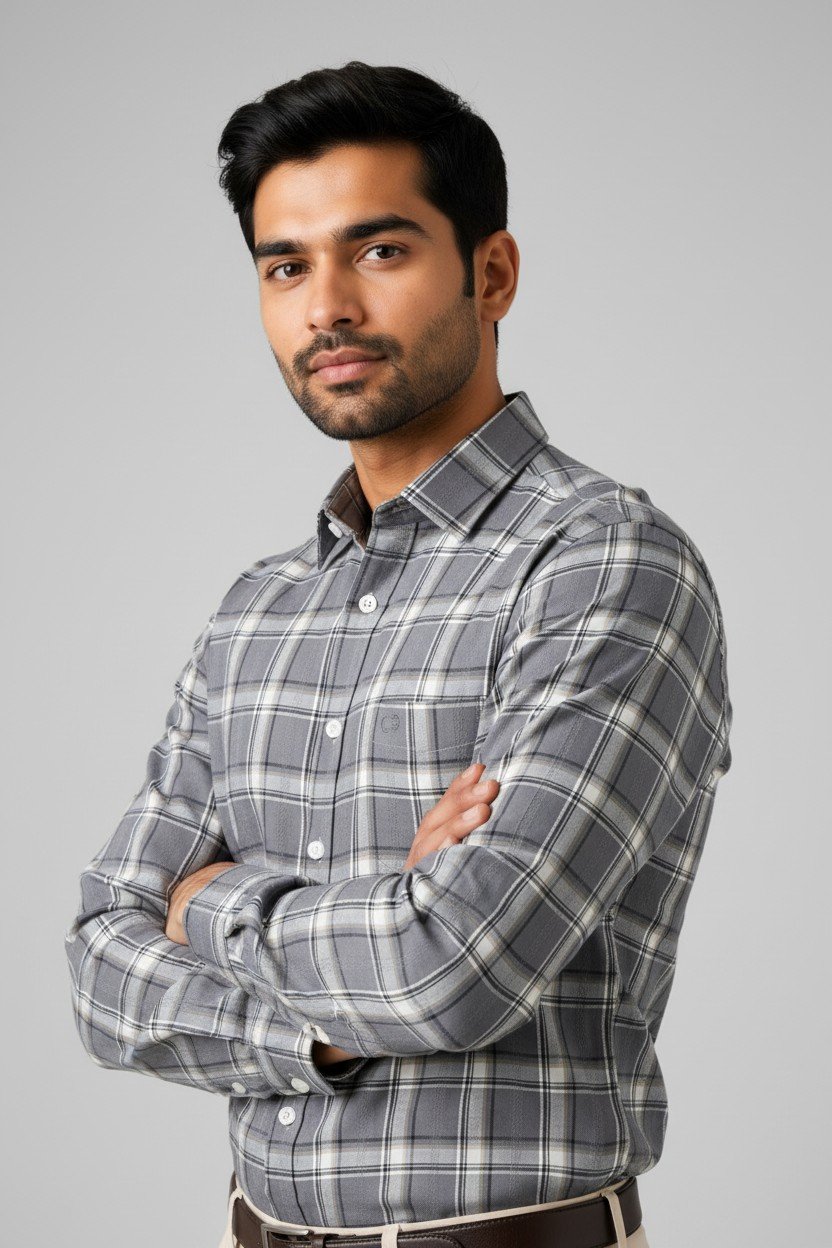 Grey Premium Linen Checkered Shirt - Image 4