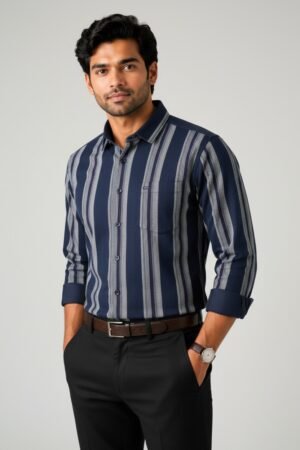 Navy Blue & Grey Striped Premium Cotton Shirt