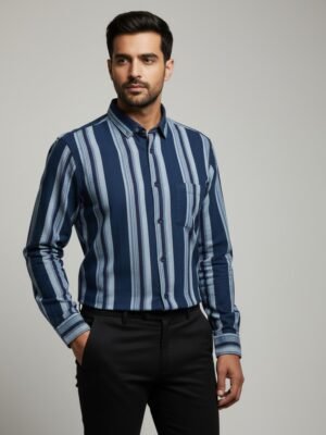 Navy Blue & Grey Striped Premium Cotton Shirt
