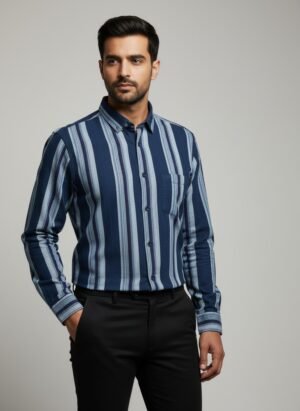 Navy Blue & Grey Striped Premium Cotton Shirt