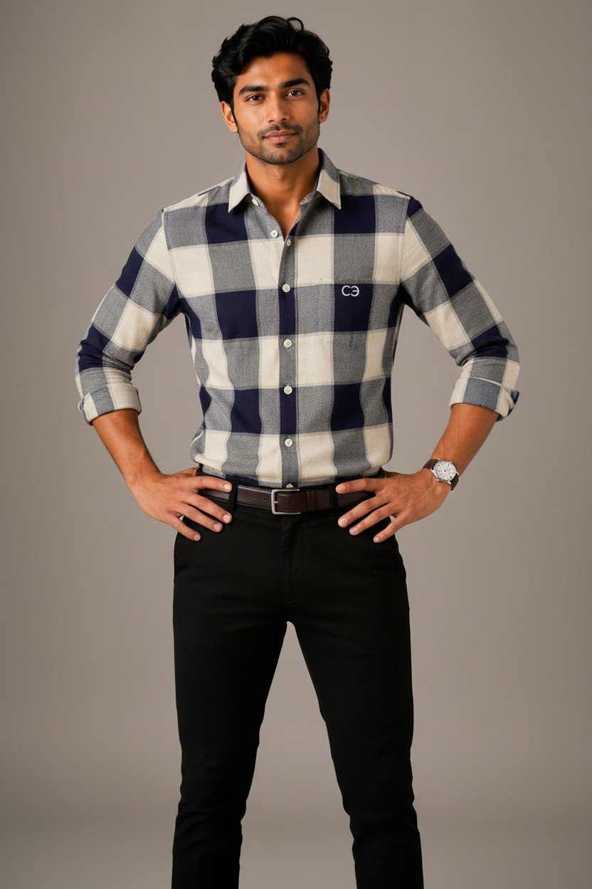 Navy Blue & White Premium Cotton Checkered Shirt - Image 4