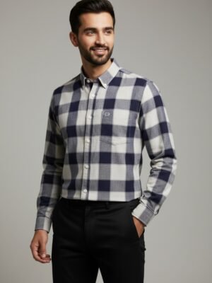 Navy Blue & White Premium Cotton Checkered Shirt