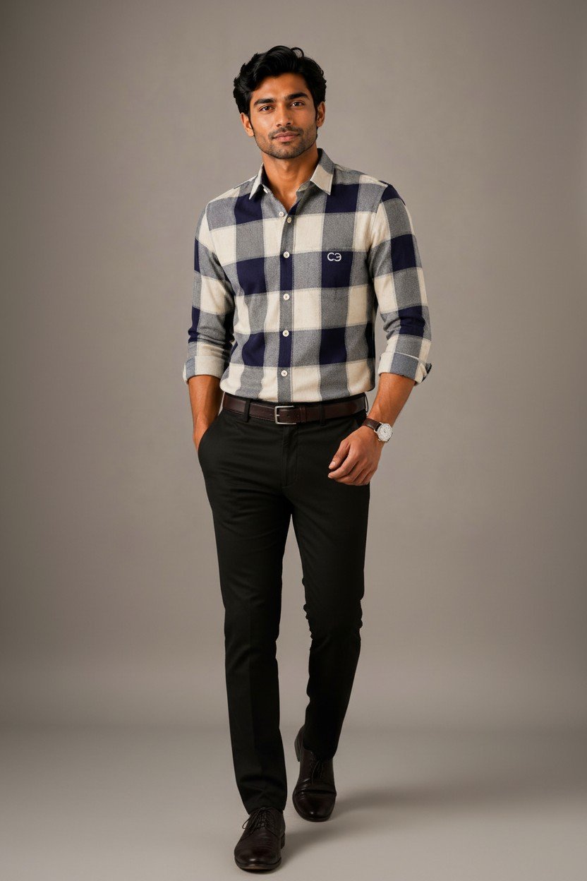 Navy Blue & White Premium Cotton Checkered Shirt - Image 3