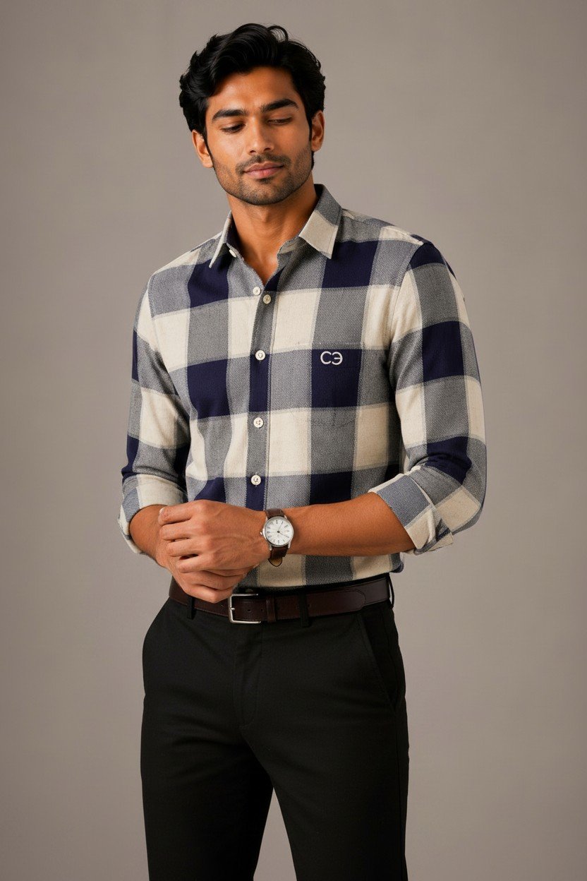 Navy Blue & White Premium Cotton Checkered Shirt - Image 2