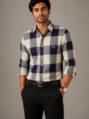Navy Blue & White Premium Cotton Checkered Shirt