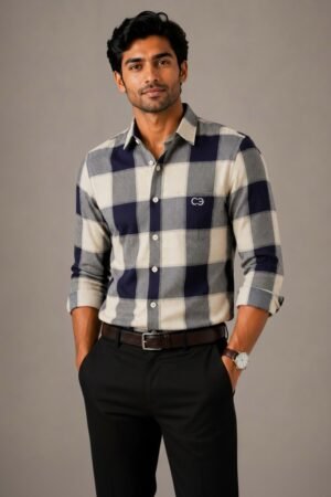 Navy Blue & White Premium Cotton Checkered Shirt