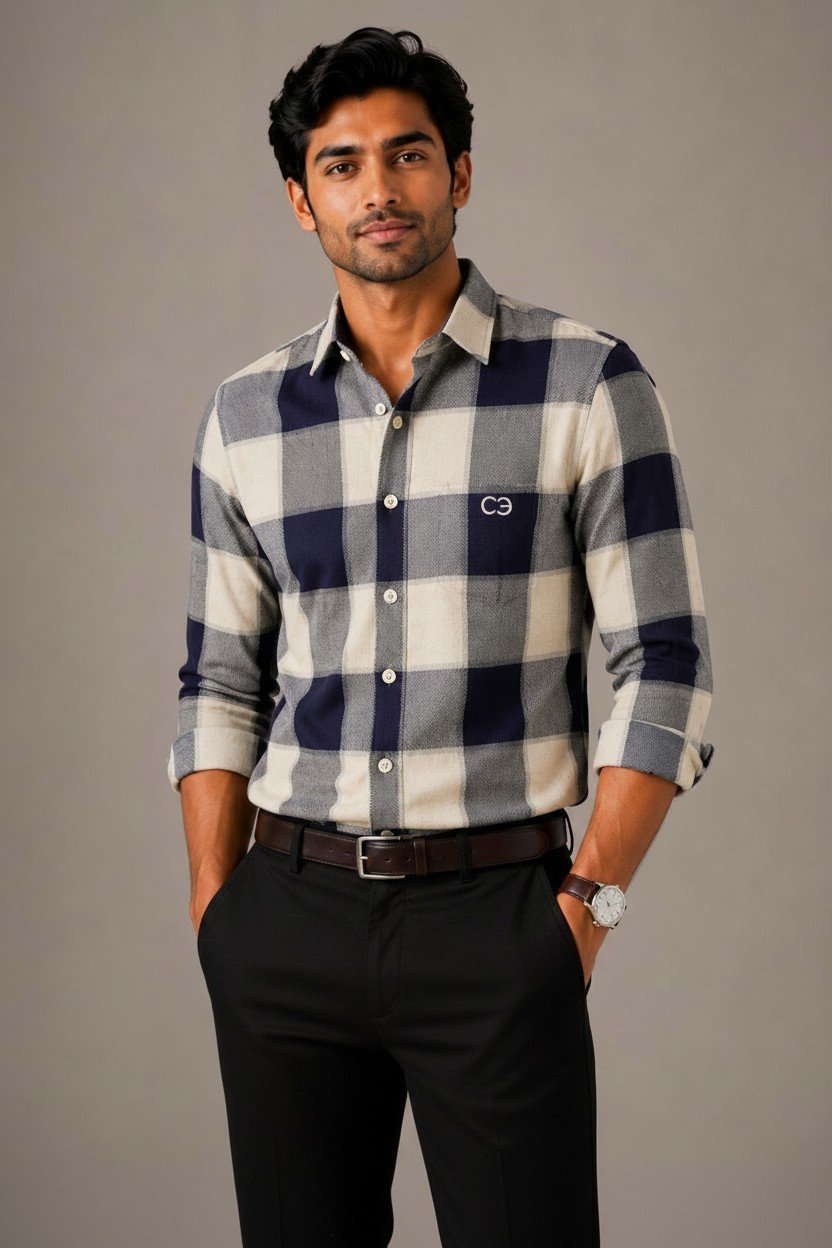 Navy Blue & White Premium Cotton Checkered Shirt