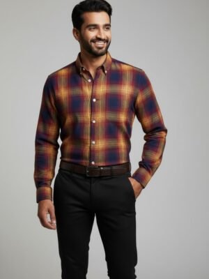 Burgundy, Navy & Mustard Checkered Premium Cotton Shirt