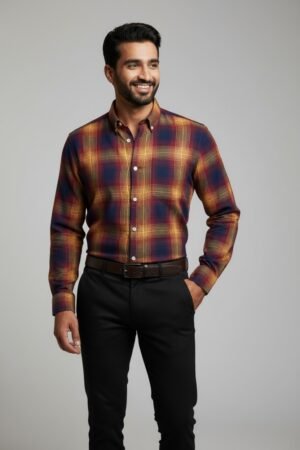 Burgundy, Navy & Mustard Checkered Premium Cotton Shirt