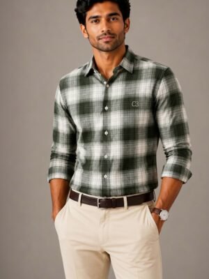 Olive Green & White Checkered Premium Cotton Shirt