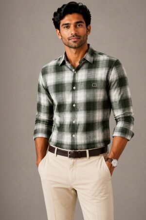 Olive Green & White Checkered Premium Cotton Shirt