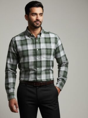 Olive Green & White Checkered Premium Cotton Shirt
