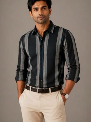 Premium Black Cotton Striped Full Sleeves Shirt
