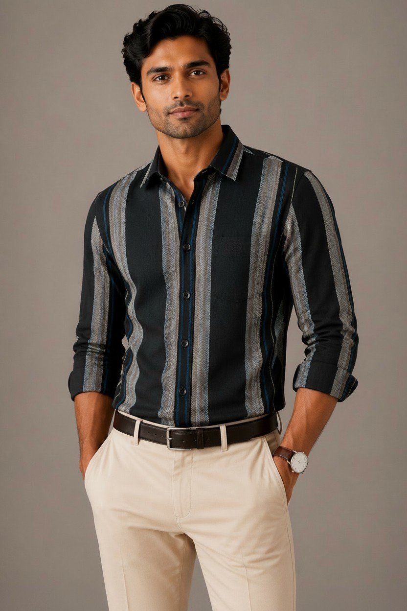 Premium Black Cotton Striped Full Sleeves Shirt