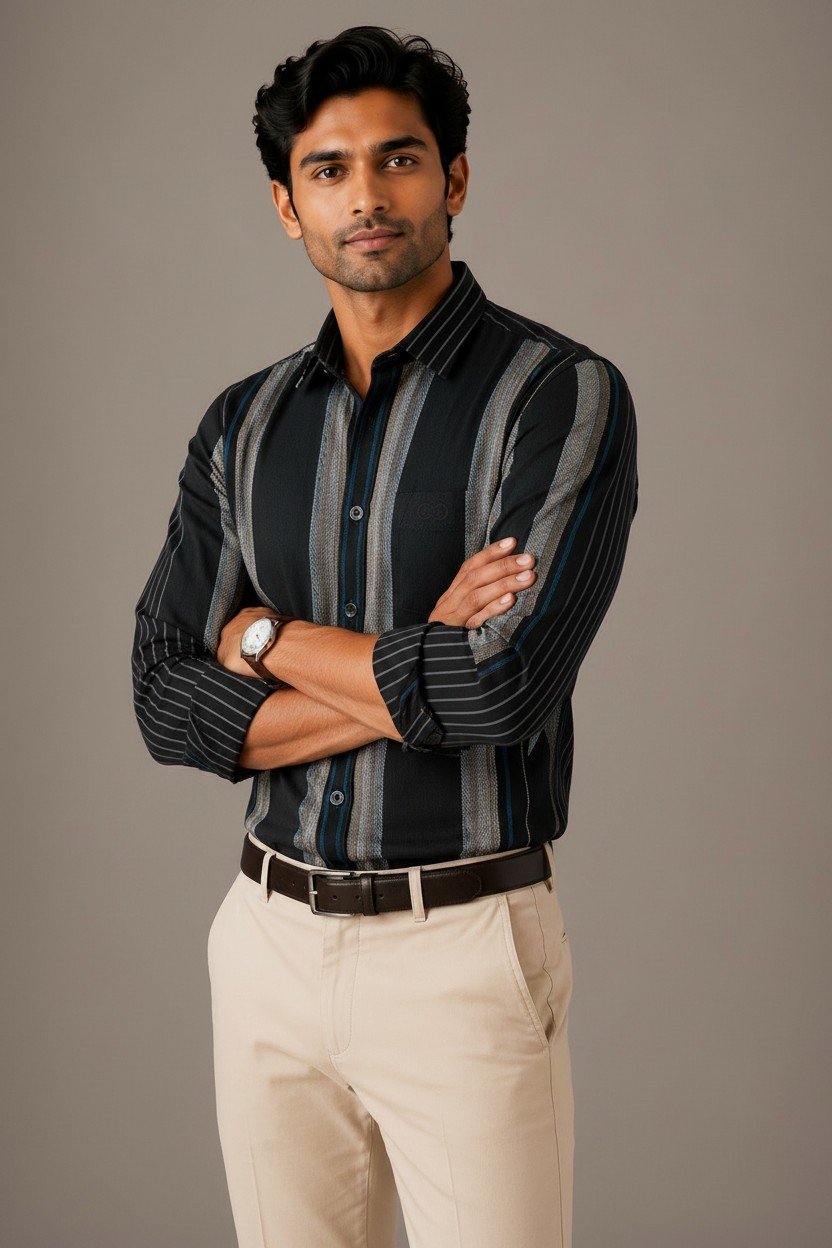 Premium Black Cotton Striped Full Sleeves Shirt - Image 2