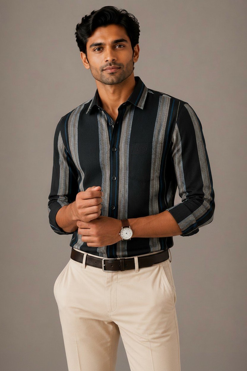 Premium Black Cotton Striped Full Sleeves Shirt - Image 3