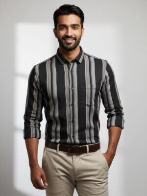 Premium Black Cotton Striped Full Sleeves Shirt