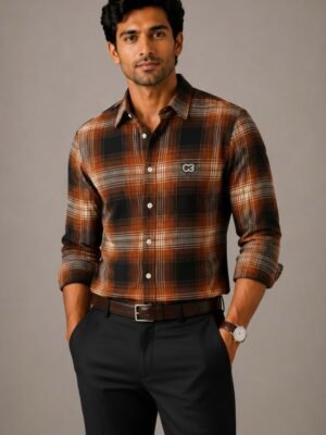 Rust Orange, Black & White Checkered Premium Cotton Shirt