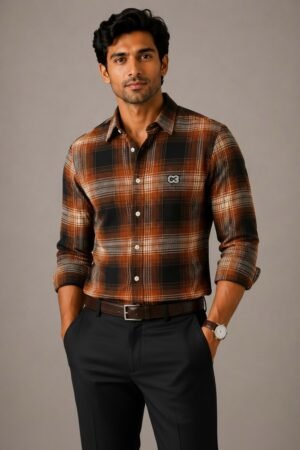 Rust Orange, Black & White Checkered Premium Cotton Shirt